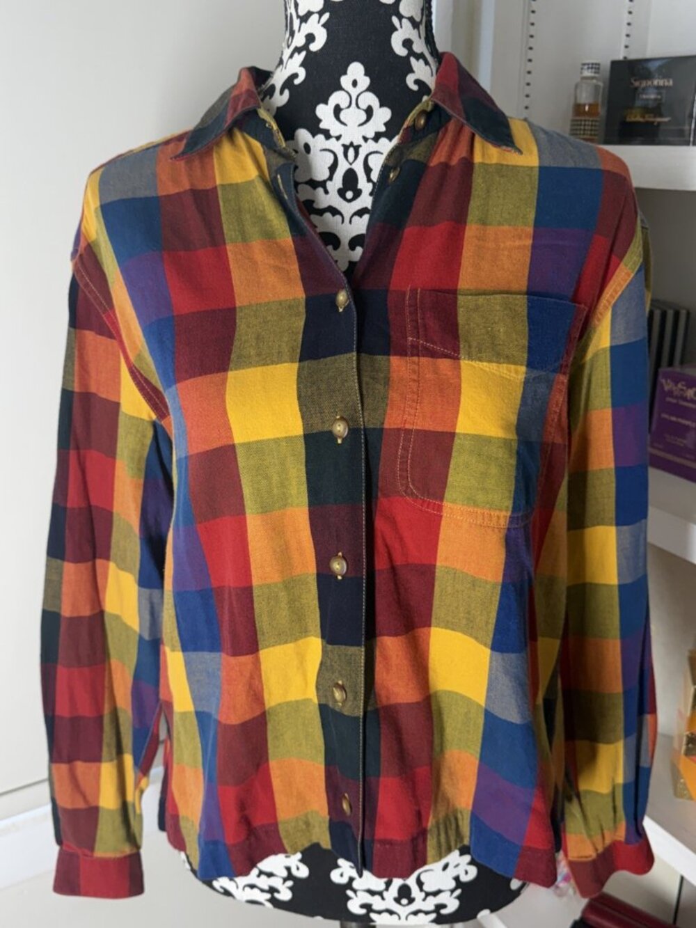 Women's Medium Vintage Lizsport Shirt-pocket Bright Checks Classic Outdoors